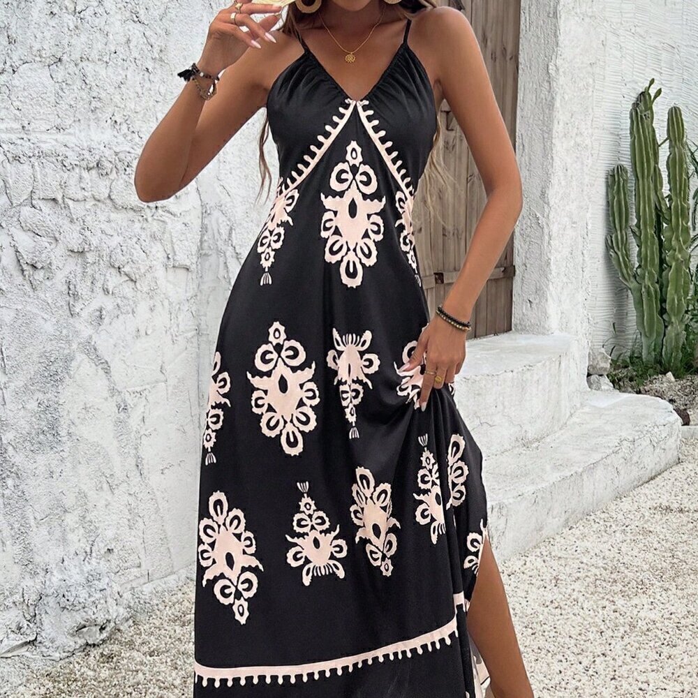 Black Boho Women's Floral Print Split Thigh Cami Dress - Picture 4 of 6